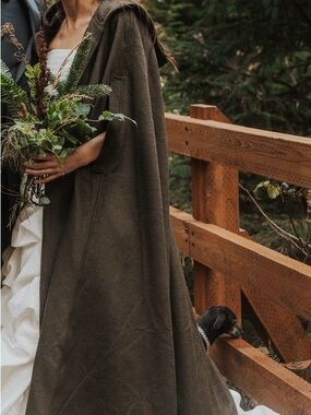 Hooded Wool Cloak in Olive Green